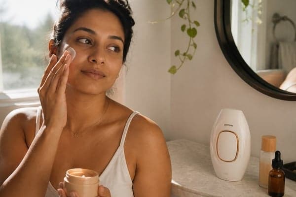 Woman applying Lumimor moisturizer at her vanity