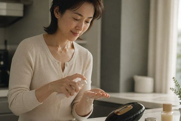 Woman using Lumimor skincare at home in the morning