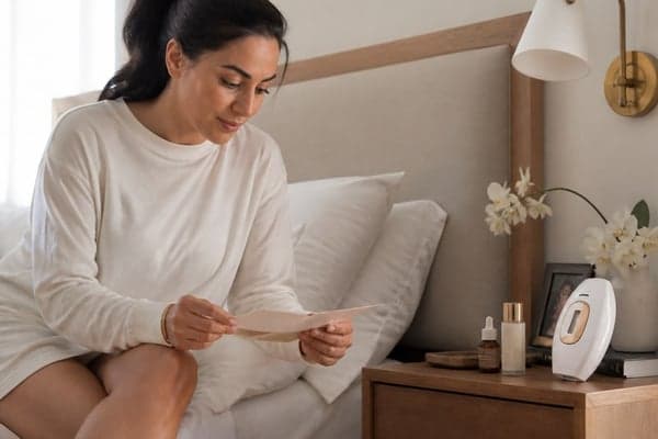 Woman with Lumimor serum and IPL device on her nightstand