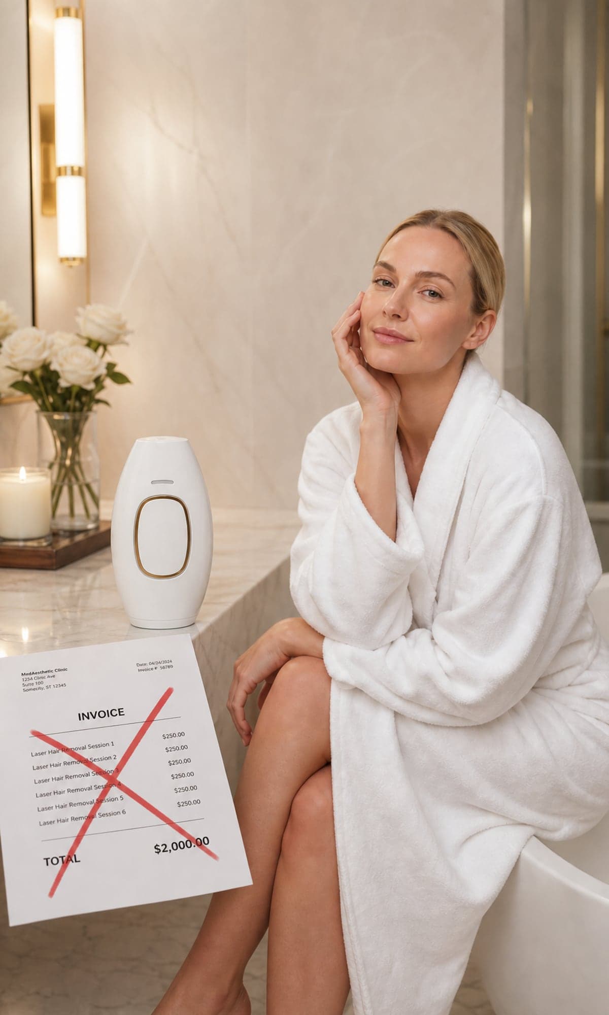 Lumimor IPL device beside a crossed-out clinic invoice on a bathroom counter