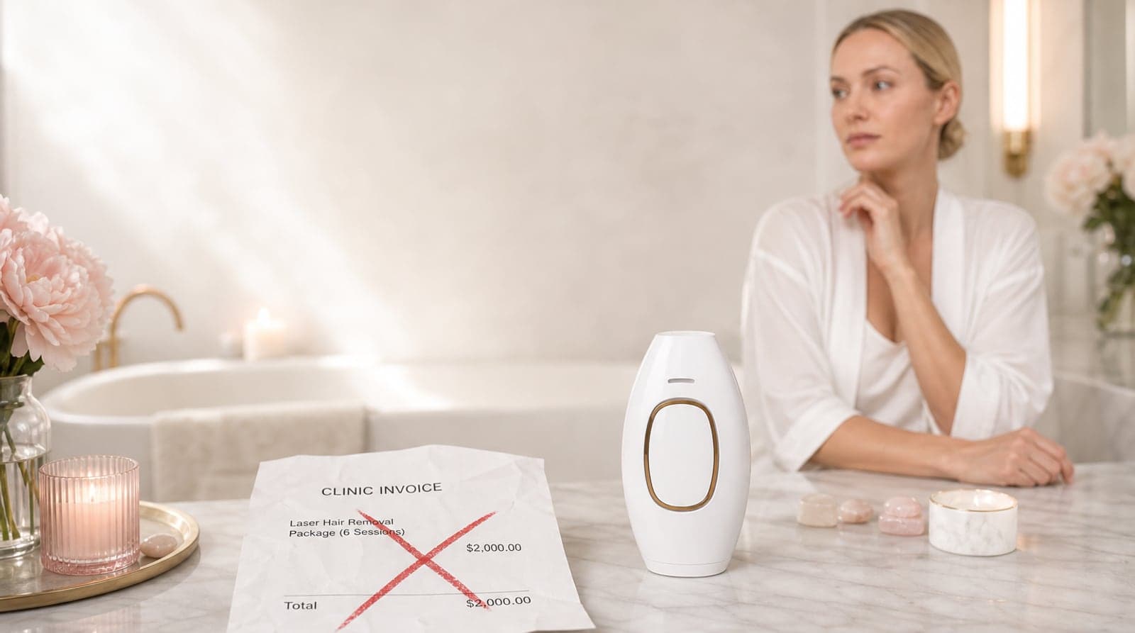 Lumimor IPL device beside a crossed-out clinic invoice on a bathroom counter