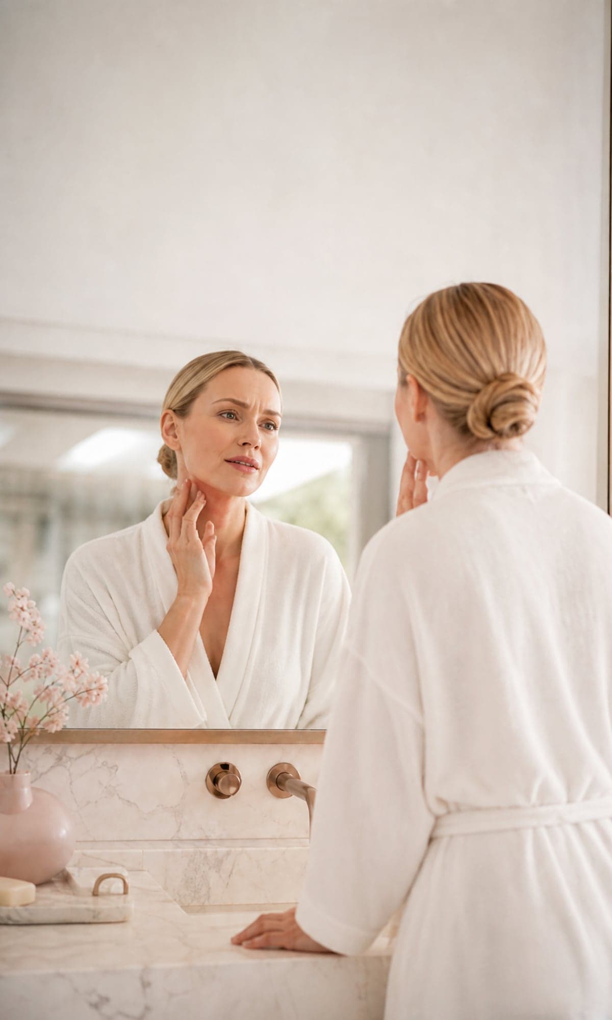 Woman in a white robe noticing razor irritation in the bathroom mirror
